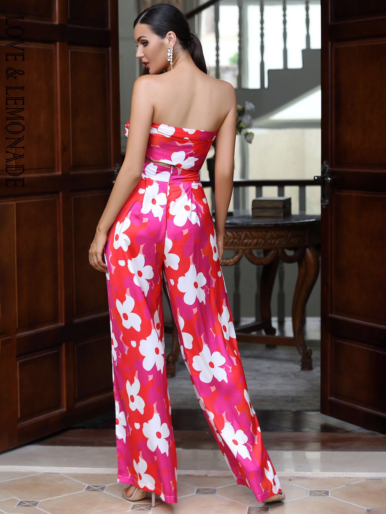 LOVE&amp;LEMONADE Red Printed Open-Back Two-Piece High-Rise Flared Pants Set  LM84223