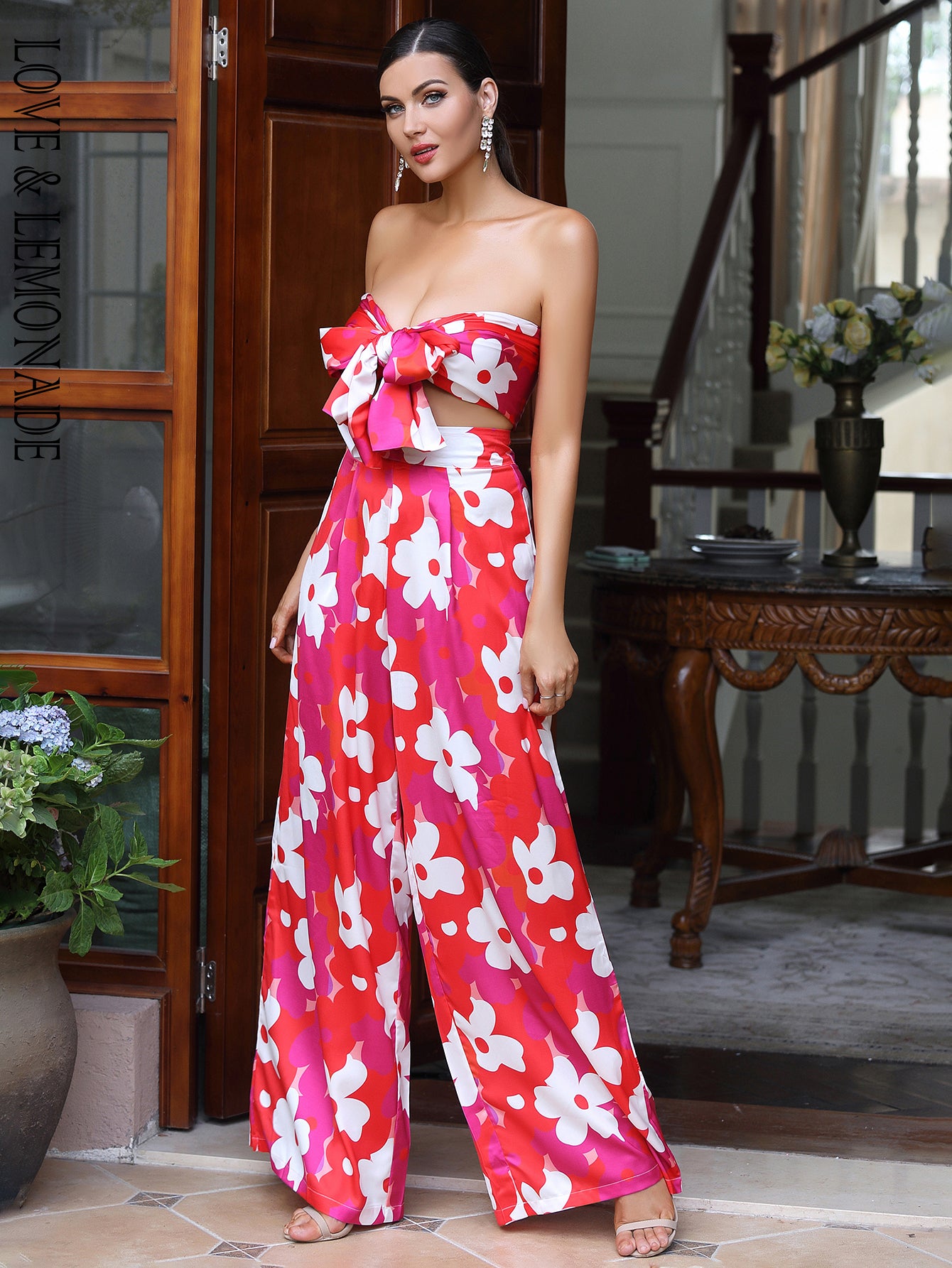 LOVE&amp;LEMONADE Red Printed Open-Back Two-Piece High-Rise Flared Pants Set  LM84223