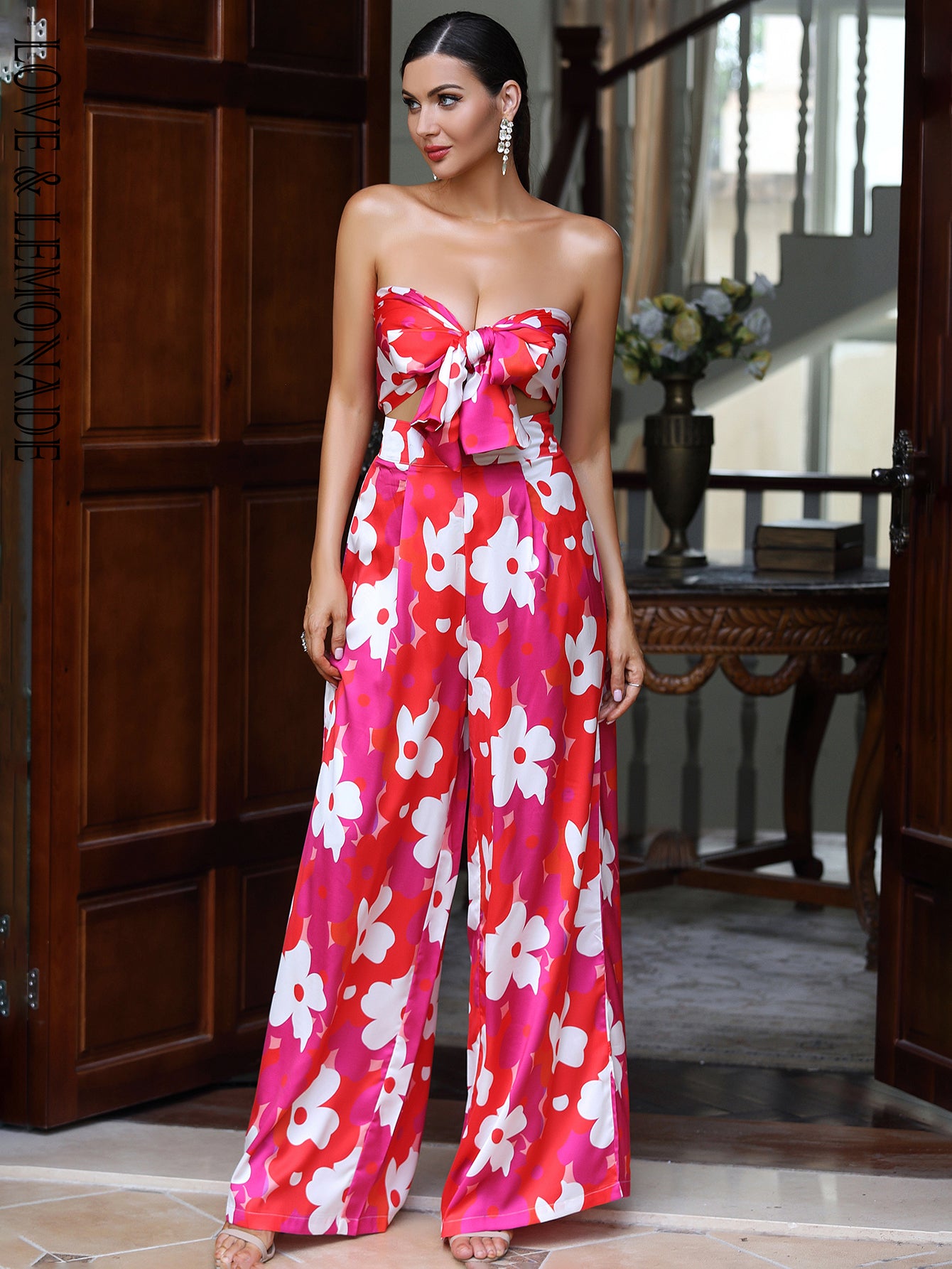 LOVE&amp;LEMONADE Red Printed Open-Back Two-Piece High-Rise Flared Pants Set  LM84223