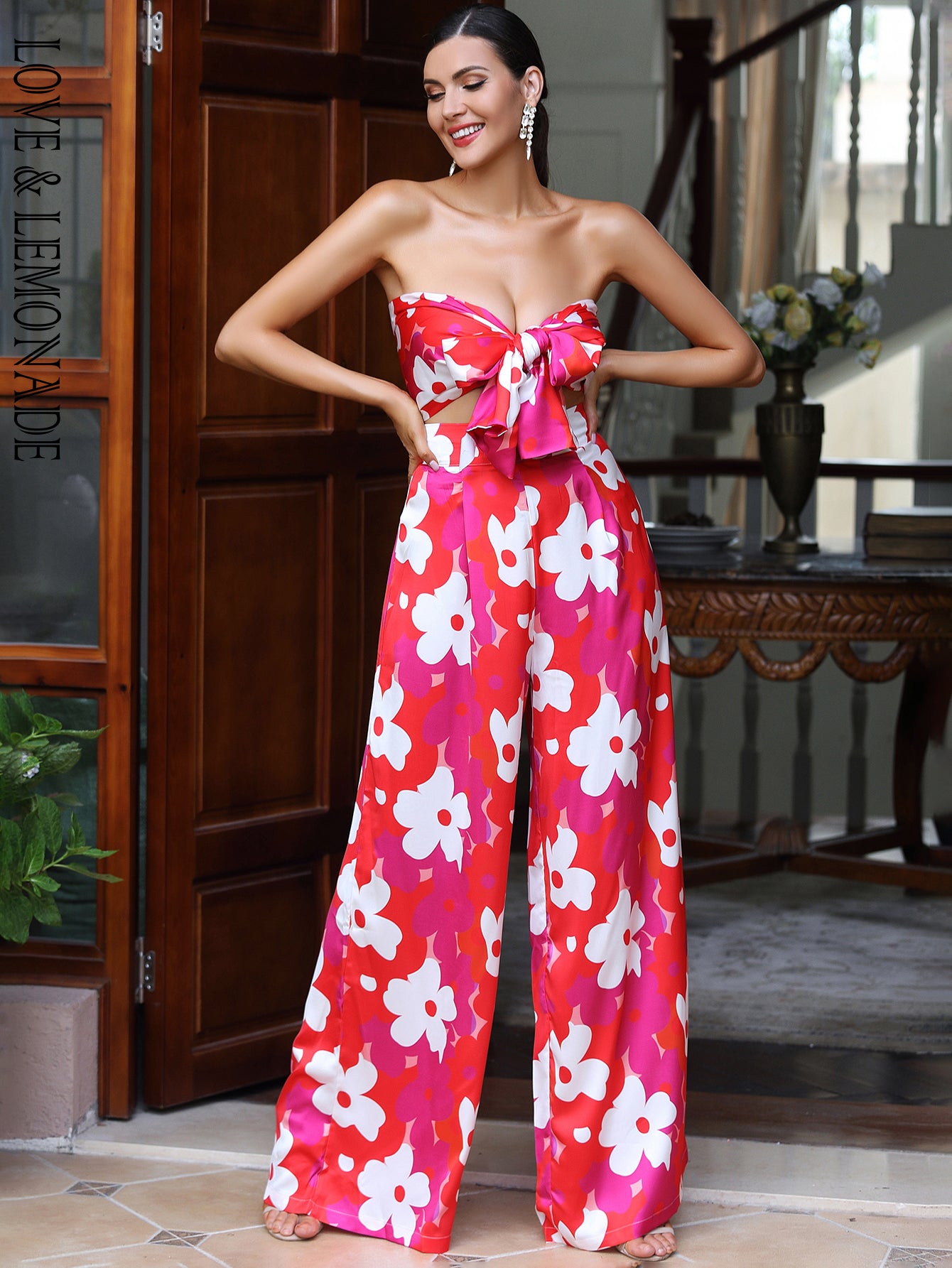 LOVE&amp;LEMONADE Red Printed Open-Back Two-Piece High-Rise Flared Pants Set  LM84223