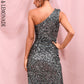 LOVE&amp;LEMONADE Reflective Gray One Shoulder Cut Out Cross Bodycon Elastic Sequin Party Mini Dress LM82346