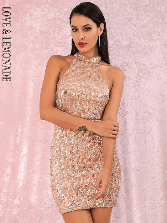 LOVE&amp;LEMONADE Rose Gold Sexy Open Back Halter Dry Shoulder Slim Elastic Sequin Mini Party Dress LM80492MINI