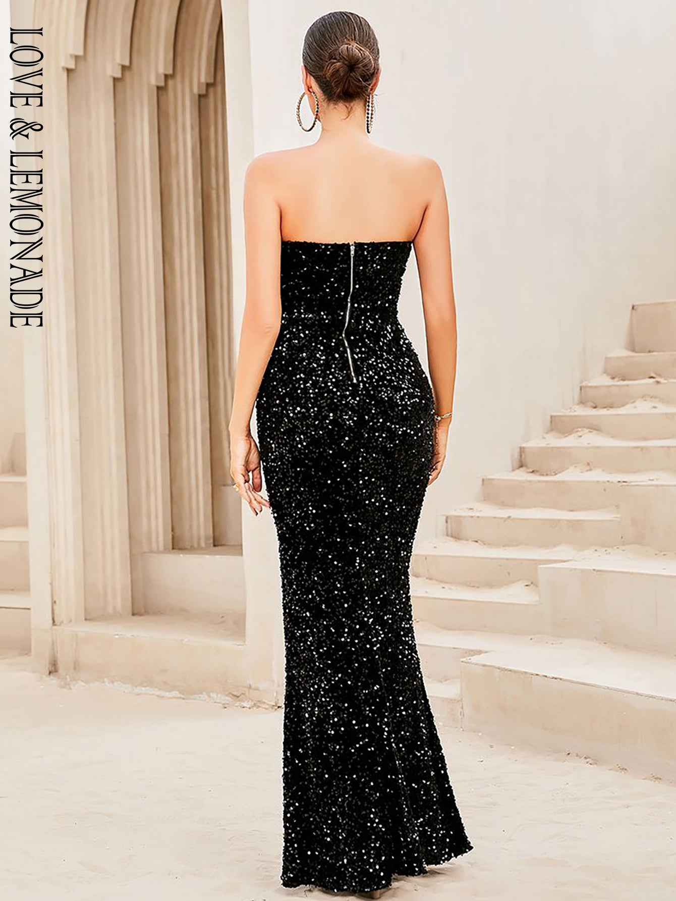 LOVE&amp;LEMONADE Sexy Bandeau Elastic Black Sequin Skinny V-Neck Slit Party Maxi Dress  LM84263