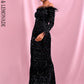 LOVE &amp; LEMONADE Sexy Black Collar Long Sleeve Feather Decoration Elastic Velvet Sequin Bodycon Party Maxi Dress LM82331