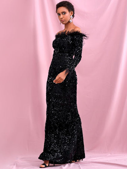 LOVE &amp; LEMONADE Sexy Black Collar Long Sleeve Feather Decoration Elastic Velvet Sequin Bodycon Party Maxi Dress LM82331