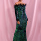 LOVE &amp; LEMONADE Sexy Black Collar Long Sleeve Feather Decoration Elastic Velvet Sequin Bodycon Party Maxi Dress LM82331