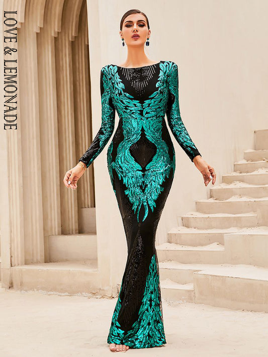 LOVE&amp;LEMONADE Sexy Black Crew Neck Long Sleeve Geometric Fishtail Stretch Sequin Party Maxi Dress LM83994