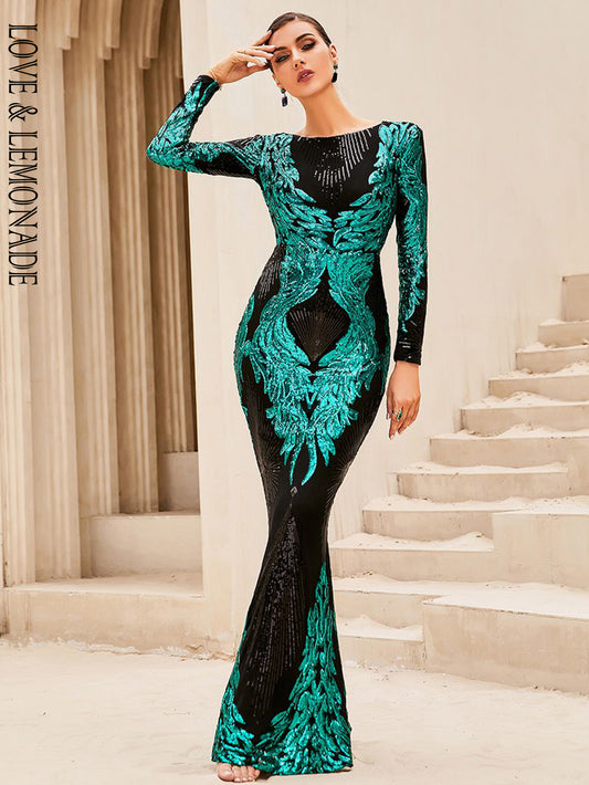 LOVE&amp;LEMONADE Sexy Black Crew Neck Long Sleeve Geometric Fishtail Stretch Sequin Party Maxi Dress LM83994