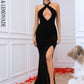 LOVE&amp;LEMONADE Sexy Black Cross Strap Halter Wrap Chest Slit A-Line Party Maxi Dress LM84344
