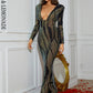 LOVE&amp;LEMONADE Sexy Black Deep V Neck Geometric Stretch Sequin Shoulder Pads Long Sleeve Party Maxi Dress LM82772-A