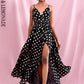 LOVE &amp; LEMONADE Sexy Black Deep V-Neck High Waist Whit Split Golden Dot Chiffon Summer Maxi Dress LM82369