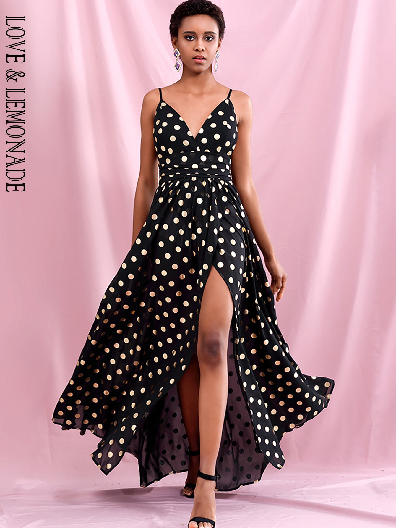 LOVE &amp; LEMONADE Sexy Black Deep V-Neck High Waist Whit Split Golden Dot Chiffon Summer Maxi Dress LM82369