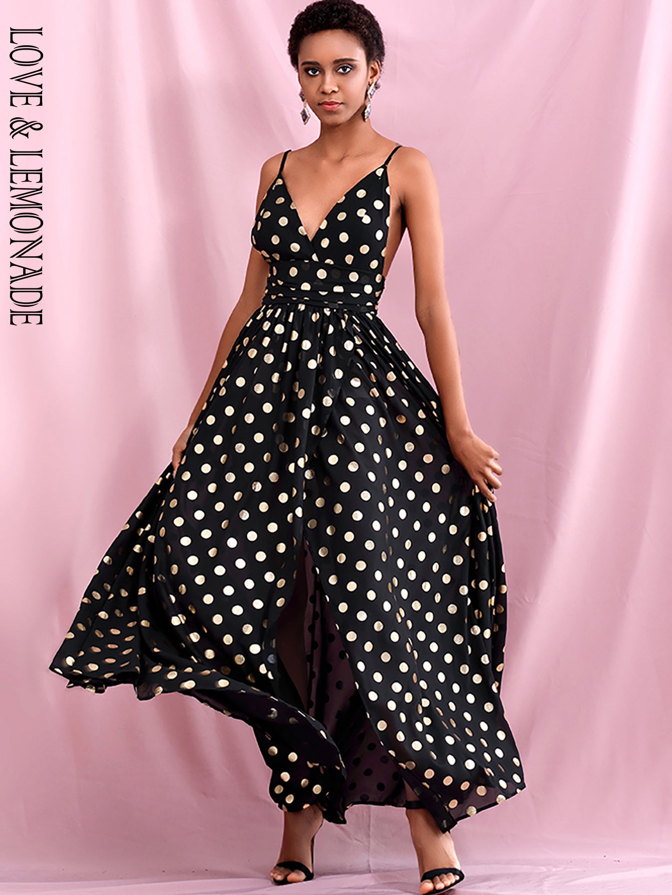 LOVE &amp; LEMONADE Sexy Black Deep V-Neck High Waist Whit Split Golden Dot Chiffon Summer Maxi Dress LM82369