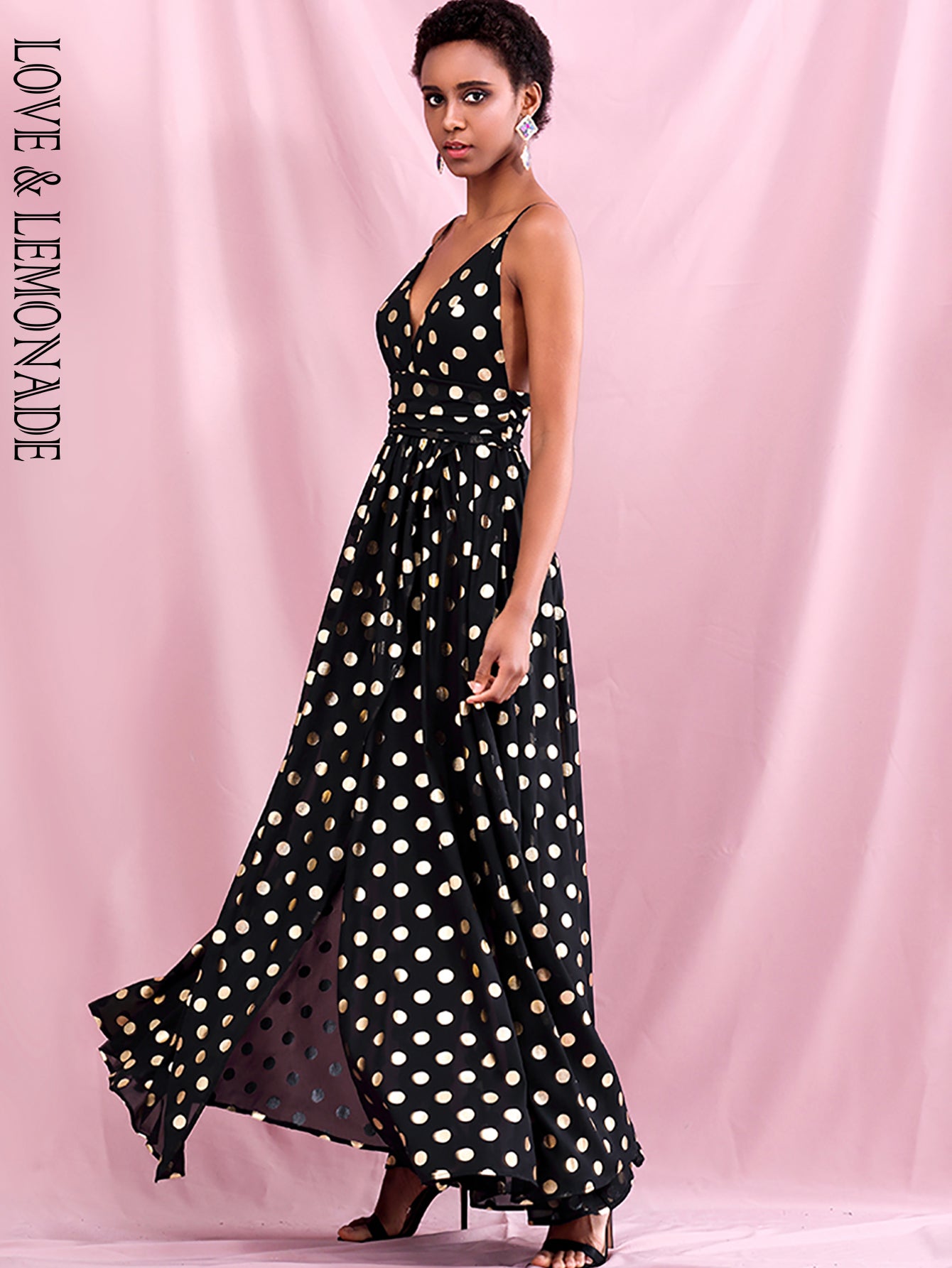 LOVE &amp; LEMONADE Sexy Black Deep V-Neck High Waist Whit Split Golden Dot Chiffon Summer Maxi Dress LM82369