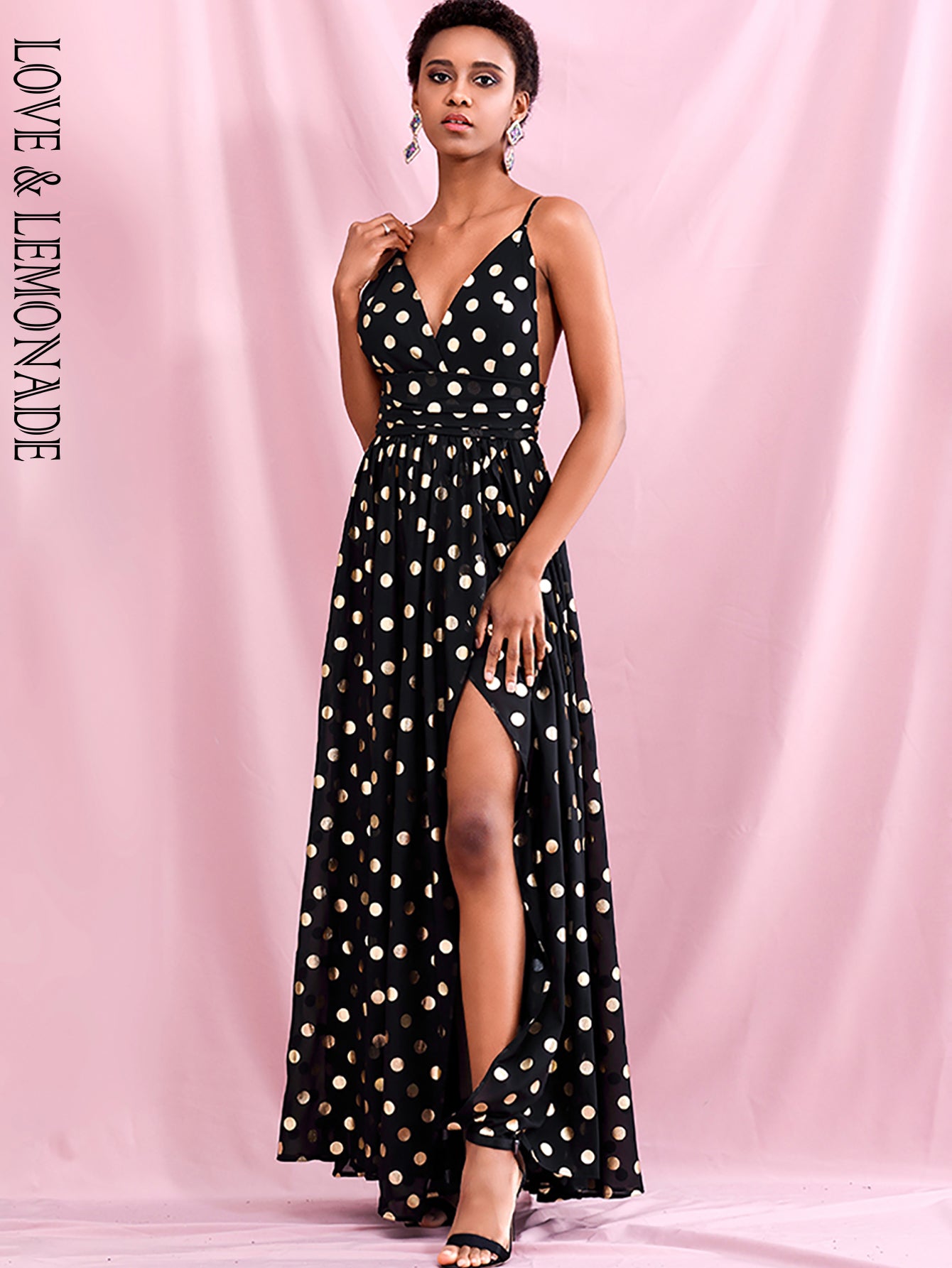 LOVE &amp; LEMONADE Sexy Black Deep V-Neck High Waist Whit Split Golden Dot Chiffon Summer Maxi Dress LM82369