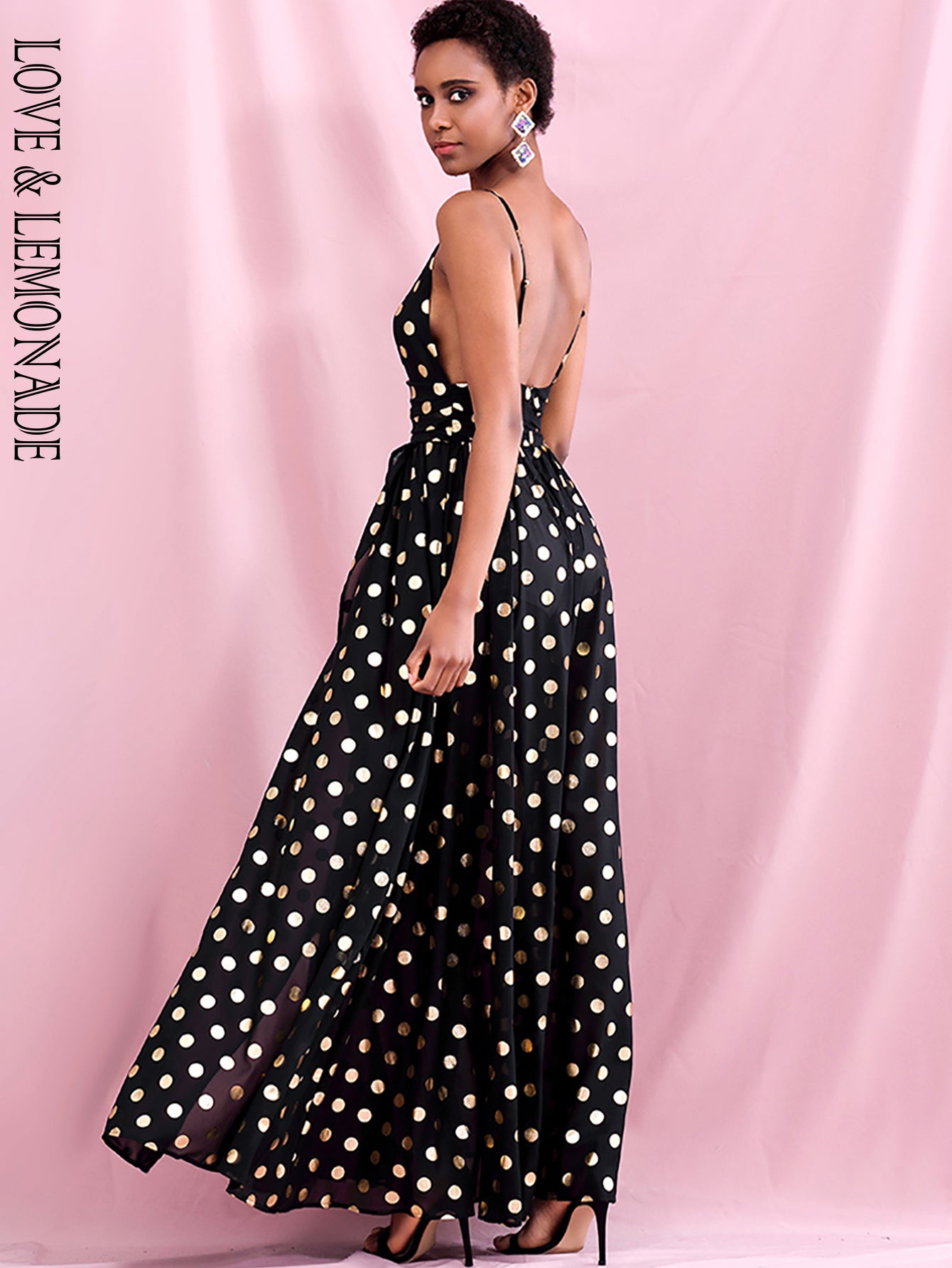 LOVE &amp; LEMONADE Sexy Black Deep V-Neck High Waist Whit Split Golden Dot Chiffon Summer Maxi Dress LM82369