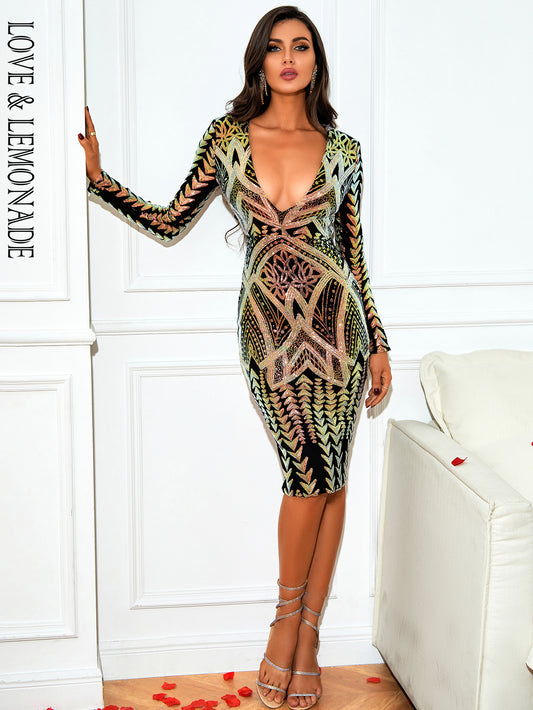 LOVE&amp;LEMONADE  Sexy Black Deep V Neck Sequined Tunic Long Sleeve Geometric Party Midi Dress LM84125