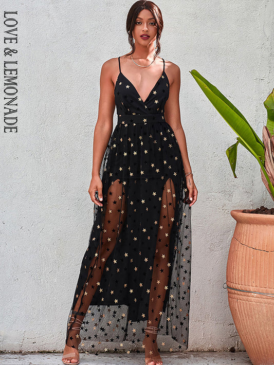 LOVE&amp;LEMONADE Sexy Black Deep V-Neck Tube Top Sling Star Sequin Lace Mesh Party Maxi Dress LM83520