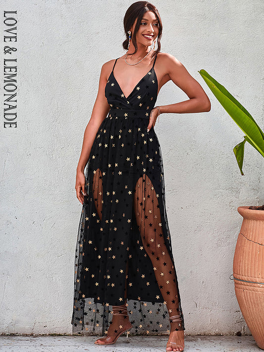 LOVE&amp;LEMONADE Sexy Black Deep V-Neck Tube Top Sling Star Sequin Lace Mesh Party Maxi Dress LM83520