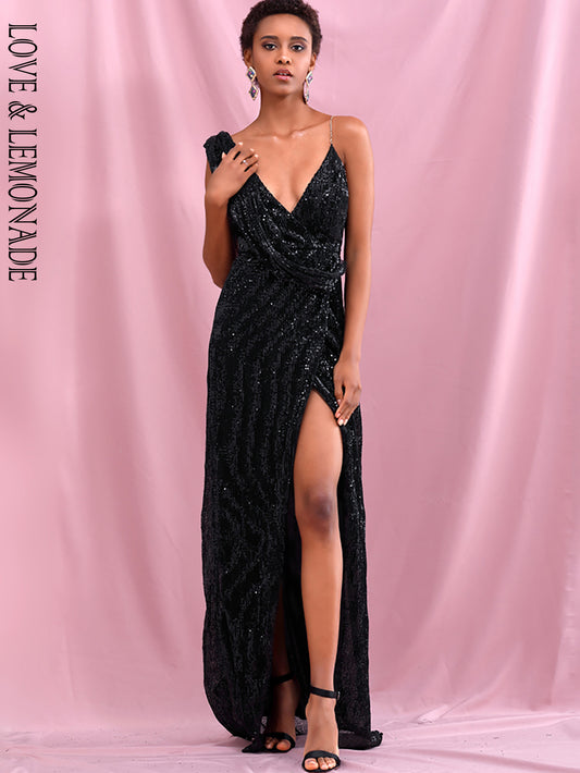 LOVE&amp;LEMONADE Sexy Black  Deep V-Neck Whit Split Sequins Party Maxi Dress LM81849