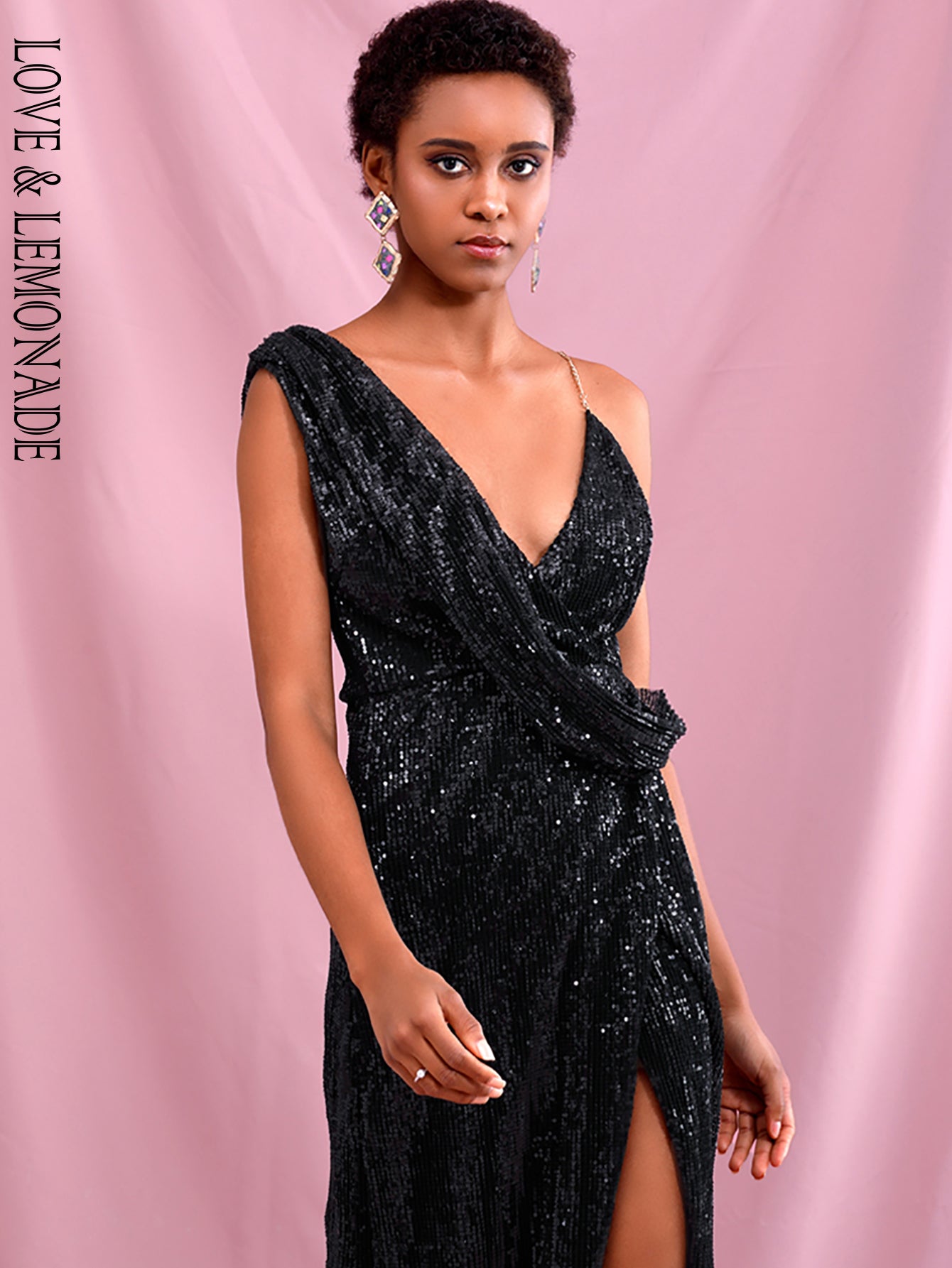 LOVE&amp;LEMONADE Sexy Black  Deep V-Neck Whit Split Sequins Party Maxi Dress LM81849