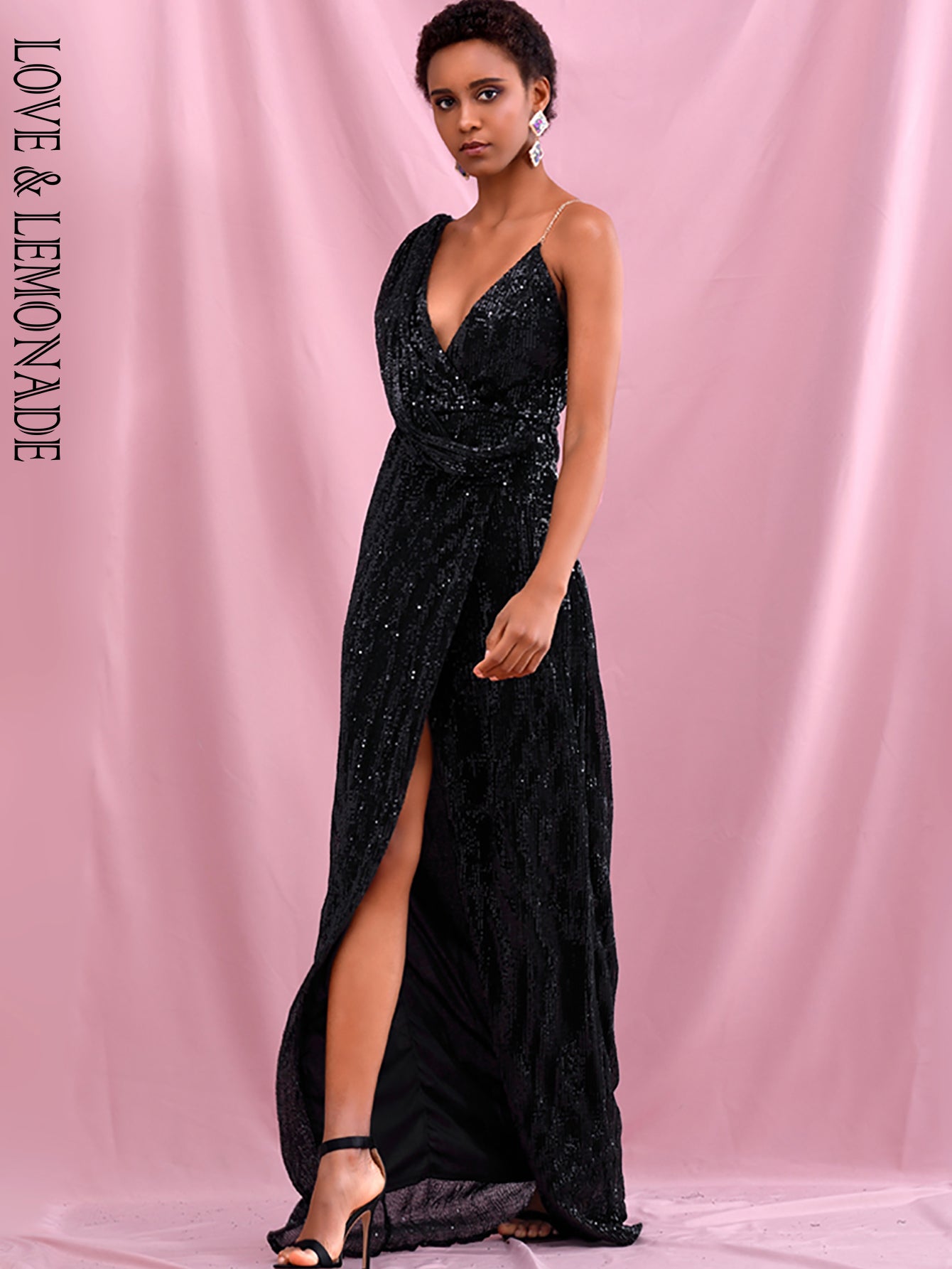 LOVE&amp;LEMONADE Sexy Black  Deep V-Neck Whit Split Sequins Party Maxi Dress LM81849