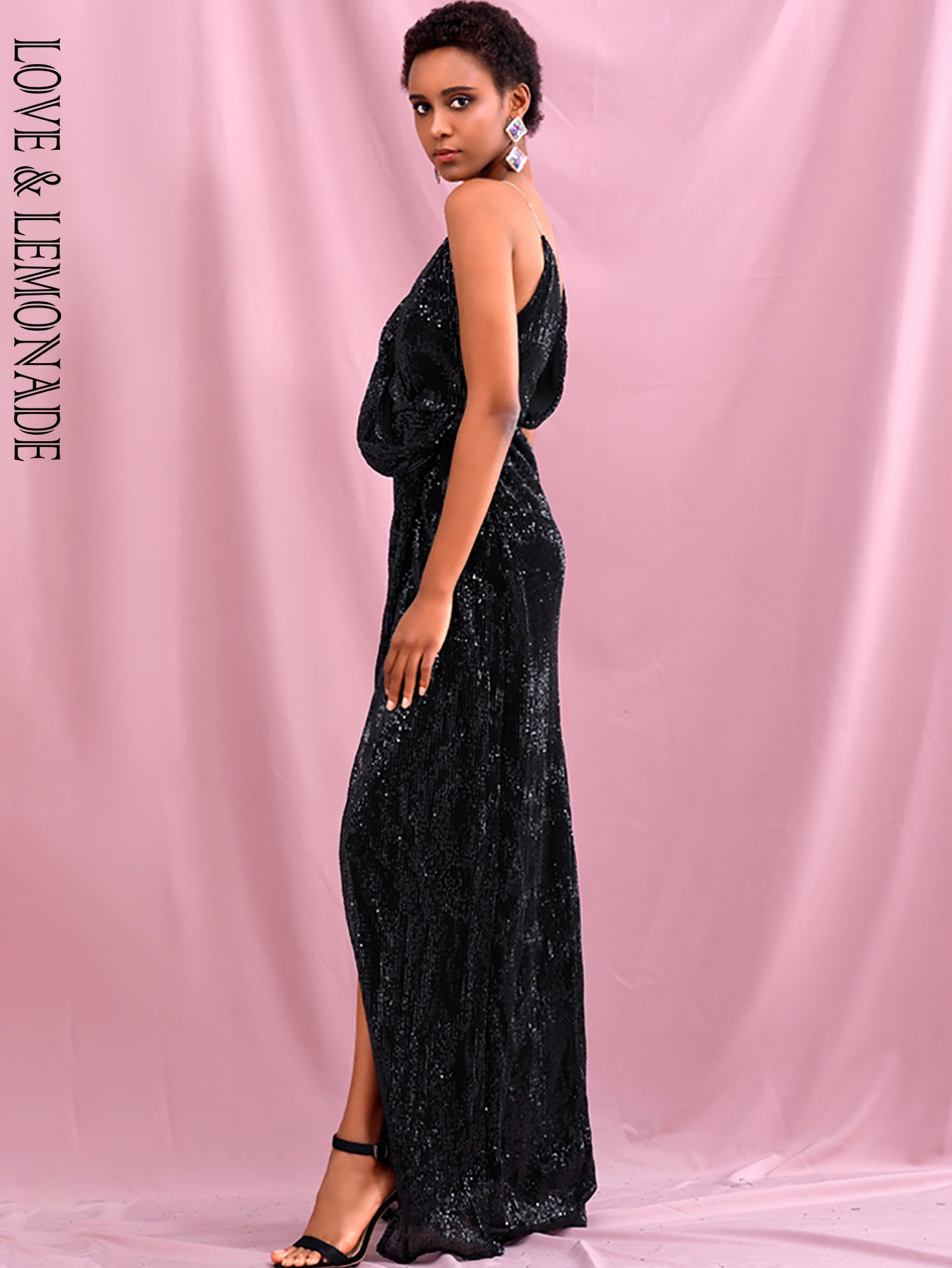 LOVE&amp;LEMONADE Sexy Black  Deep V-Neck Whit Split Sequins Party Maxi Dress LM81849