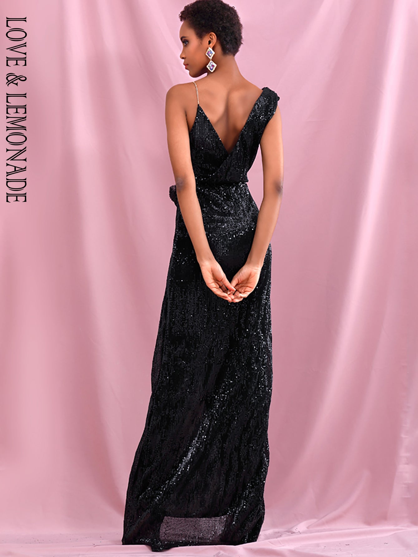 LOVE&amp;LEMONADE Sexy Black  Deep V-Neck Whit Split Sequins Party Maxi Dress LM81849