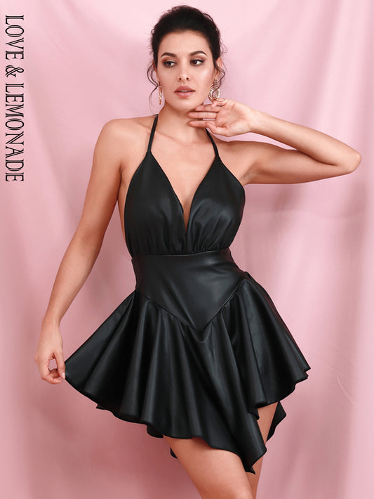 LOVE&amp;LEMONADE Sexy Black Deep V-neck Open Back Large Ruffled Elastic PU Mini Party Dress LM81380PU