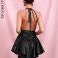 LOVE&amp;LEMONADE Sexy Black Deep V-neck Open Back Large Ruffled Elastic PU Mini Party Dress LM81380PU