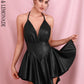 LOVE&amp;LEMONADE Sexy Black Deep V-neck Open Back Large Ruffled Elastic PU Mini Party Dress LM81380PU