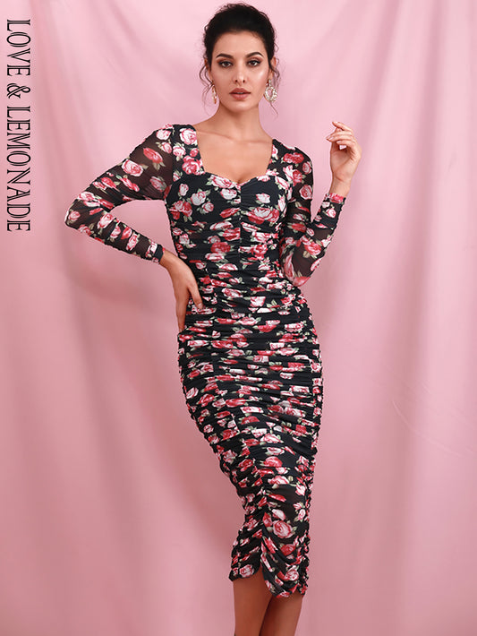 LOVE&amp;LEMONADE Sexy Black Elastic Print Mesh Slim Long Sleeve Over-The-Knee Party Dress (With Lining) LM81941-1