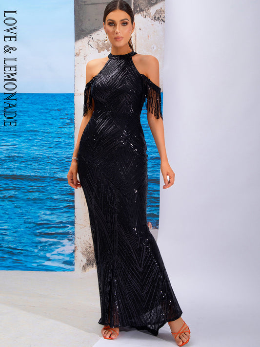 LOVE&amp;LEMONADE Sexy Black Halter Neck Off-The-Shoulder Geometric Reflective Stretch Fishtail Dress LM84108