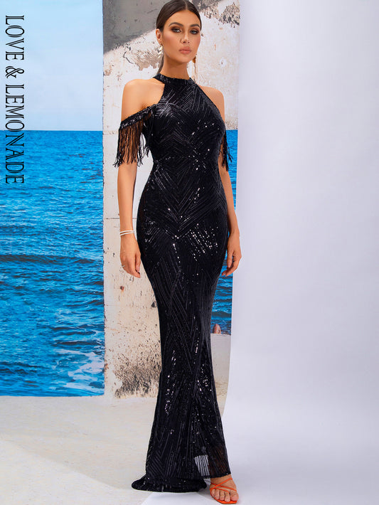 LOVE&amp;LEMONADE Sexy Black Halter Neck Off-The-Shoulder Geometric Reflective Stretch Fishtail Dress LM84108