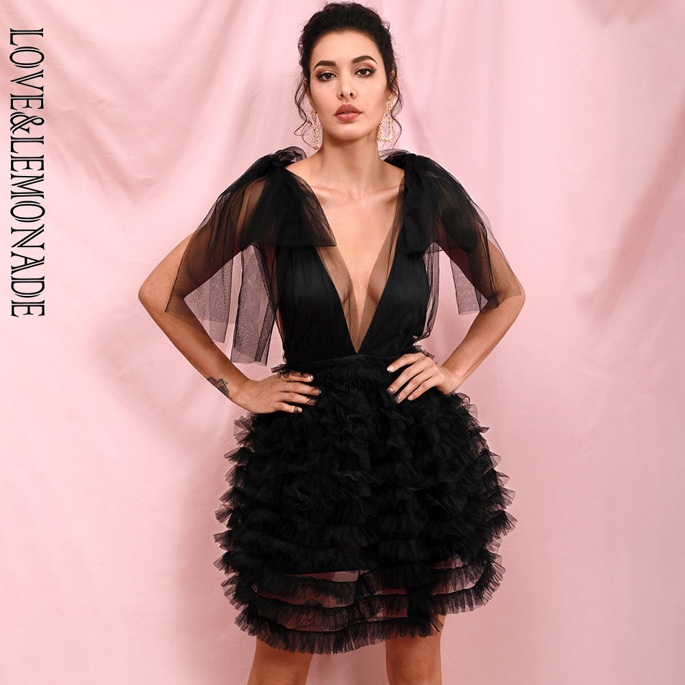 LOVE &amp; LEMONADE Sexy Black Mesh Deep V-neck Stacked Ruffled Puff Open Back Mini Party Dress LM82389