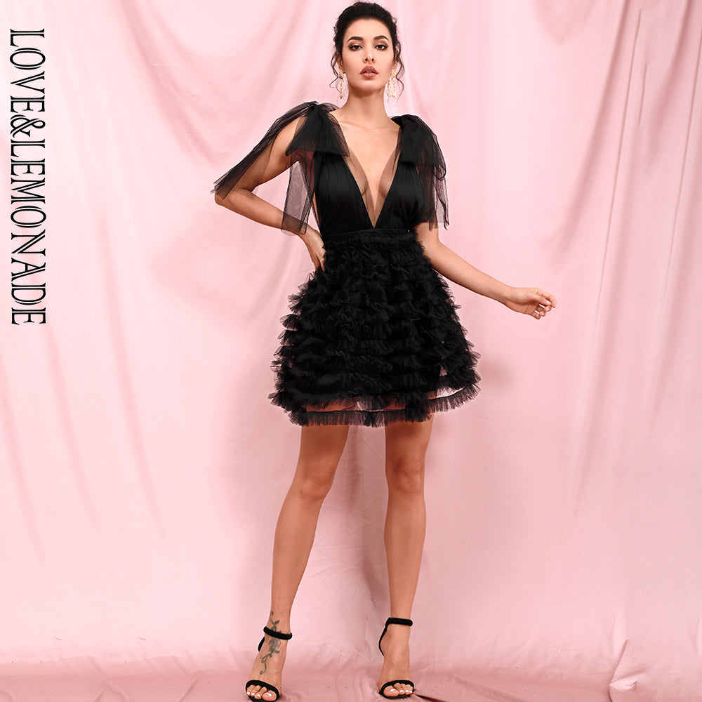 LOVE &amp; LEMONADE Sexy Black Mesh Deep V-neck Stacked Ruffled Puff Open Back Mini Party Dress LM82389