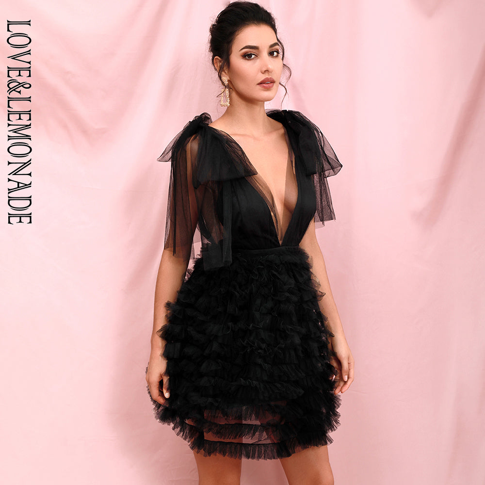 LOVE &amp; LEMONADE Sexy Black Mesh Deep V-neck Stacked Ruffled Puff Open Back Mini Party Dress LM82389