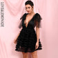 LOVE &amp; LEMONADE Sexy Black Mesh Deep V-neck Stacked Ruffled Puff Open Back Mini Party Dress LM82389