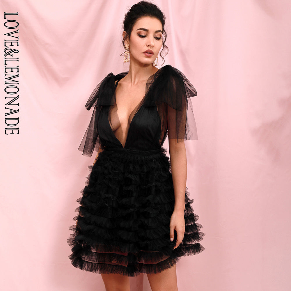 LOVE &amp; LEMONADE Sexy Black Mesh Deep V-neck Stacked Ruffled Puff Open Back Mini Party Dress LM82389