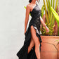 LOVE&amp;LEMONADE Sexy Black Off-Shoulder Cut-Out Split Ruffled Reflective Satin Party Maxi Dress LM82202-A