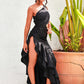LOVE&amp;LEMONADE Sexy Black Off-Shoulder Cut-Out Split Ruffled Reflective Satin Party Maxi Dress LM82202-A