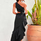 LOVE&amp;LEMONADE Sexy Black Off-Shoulder Cut-Out Split Ruffled Reflective Satin Party Maxi Dress LM82202-A