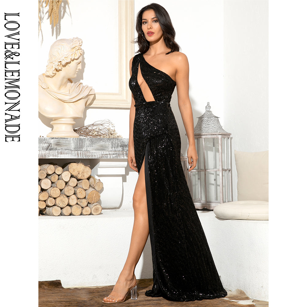 LOVE&amp;LEMONADE Sexy Black One Shoulder Cut Out Cross Split Sequin Bodycon Maxi Dress LM81952