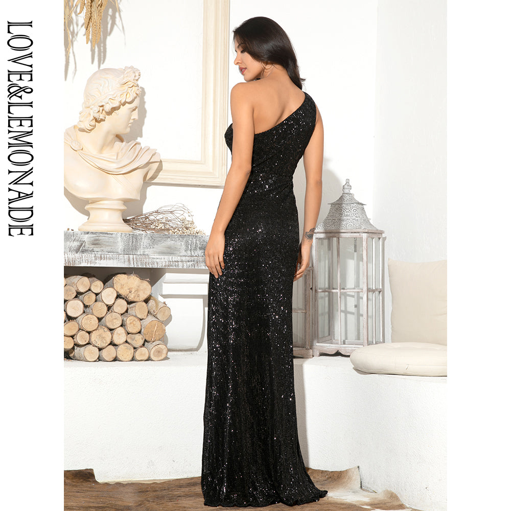 LOVE&amp;LEMONADE Sexy Black One Shoulder Cut Out Cross Split Sequin Bodycon Maxi Dress LM81952