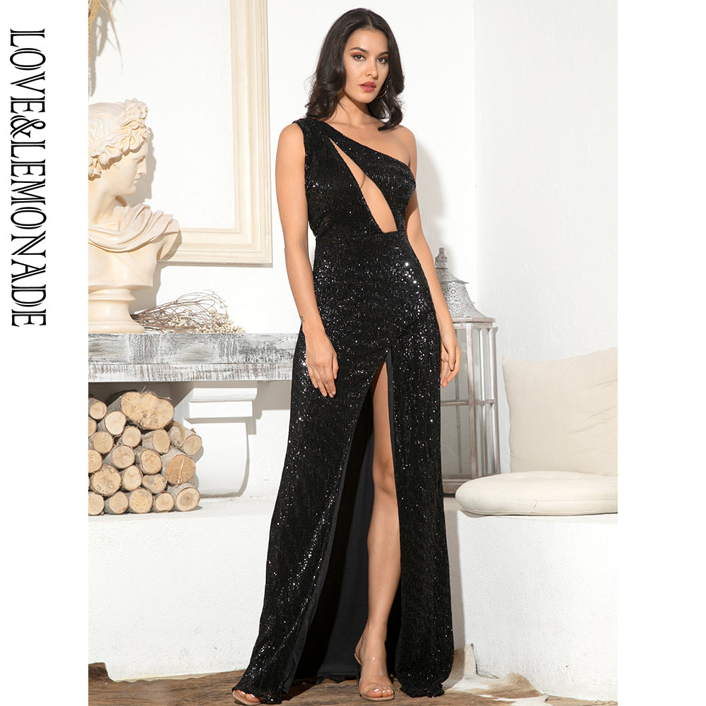 LOVE&amp;LEMONADE Sexy Black One Shoulder Cut Out Cross Split Sequin Bodycon Maxi Dress LM81952