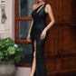 LOVE&LEMONADE Sexy Black One-Shoulder Cutout Skinny Slit Sleeveless Sequin Maxi Dress LM81921-3
