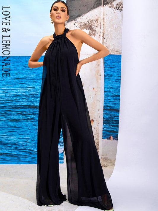 LOVE&amp;LEMONADE Sexy Black Sleeveless Halter Lace Transparent Straight Spring Beach Jumpsuit LM98163