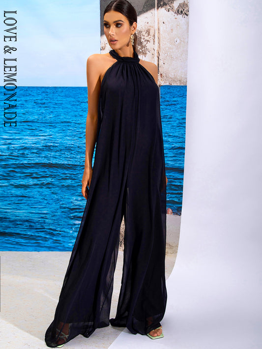 LOVE&amp;LEMONADE Sexy Black Sleeveless Halter Lace Transparent Straight Spring Beach Jumpsuit LM98163