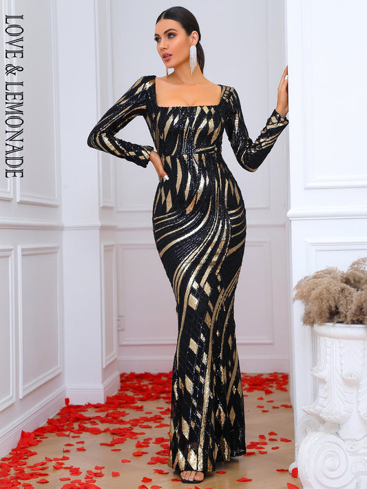 LOVE&amp;LEMONADE Sexy Black Square Neck Geometric Pattern Long Sleeve Geometric Sequin Skinny Party Maxi Dress LM84087