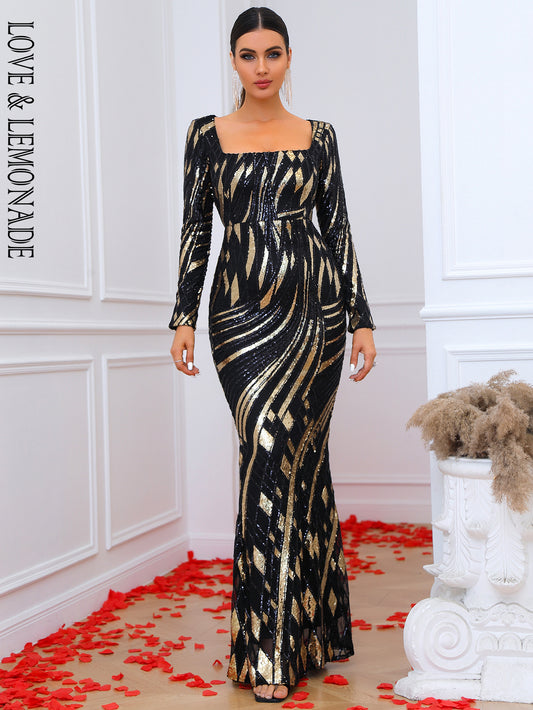 LOVE&amp;LEMONADE Sexy Black Square Neck Geometric Pattern Long Sleeve Geometric Sequin Skinny Party Maxi Dress LM84087